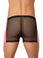 Grossiste lingerie Look Me : boxer noir filet côtés simili cuir rose