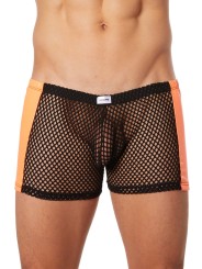 Grossiste lingerie Look Me : boxer noir filet côtés simili cuir orange