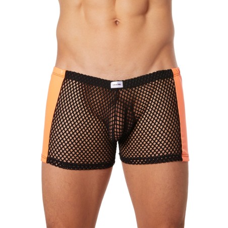 Grossiste lingerie Look Me : boxer noir filet côtés simili cuir orange