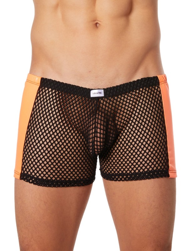 Grossiste lingerie Look Me : boxer noir filet côtés simili cuir orange