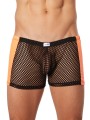 Grossiste lingerie Look Me : boxer noir filet côtés simili cuir orange