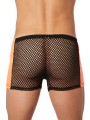 Grossiste lingerie Look Me : boxer noir filet côtés simili cuir orange