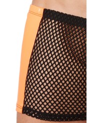 Grossiste lingerie Look Me : boxer noir filet côtés simili cuir orange