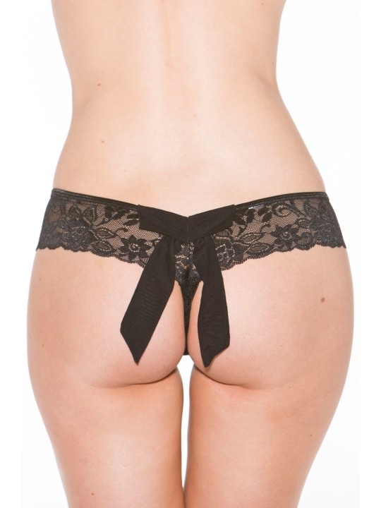 Tanga string noir en dentelle avec noeud arrière - SOH31035BLK