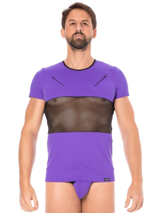 Fournisseur dropshipping T-shirt violet design avec fermuture éclairs sur le poitrine et filet sous le dessous