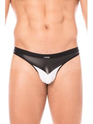 Fournisseur dropshipping string blanc design avec un tissu doux et opaque et un pointe en simili cuir noir sur la ceinture.