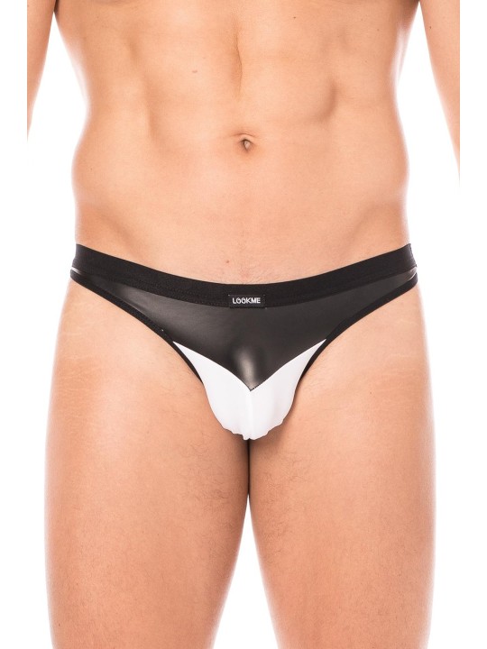 Fournisseur dropshipping string blanc design avec un tissu doux et opaque et un pointe en simili cuir noir sur la ceinture.