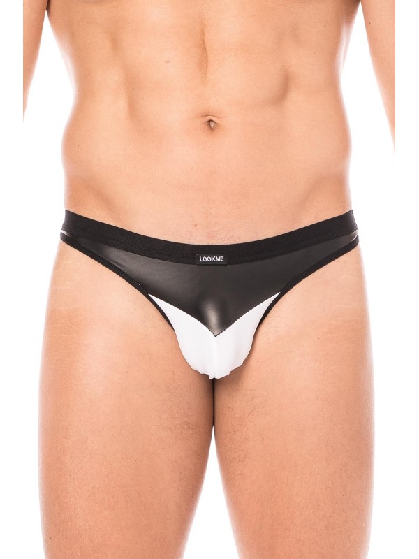 Fournisseur dropshipping string blanc design avec un tissu doux et opaque et un pointe en simili cuir noir sur la ceinture.