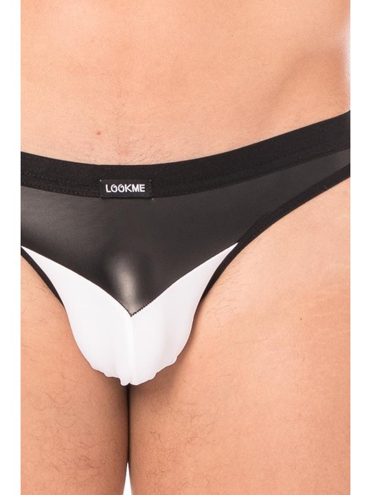 Fournisseur dropshipping string blanc design avec un tissu doux et opaque et un pointe en simili cuir noir sur la ceinture.