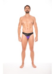 Fournisseur dropshipping string Violet design avec un tissu doux et opaque et un pointe en simili cuir sur la ceinture.