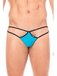 Fournisseur dropshipping Mini string bleu pour homme en forme de goutte avec sur les côtés des ficelles de maintien.