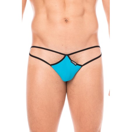 Fournisseur dropshipping Mini string bleu pour homme en forme de goutte avec sur les côtés des ficelles de maintien.