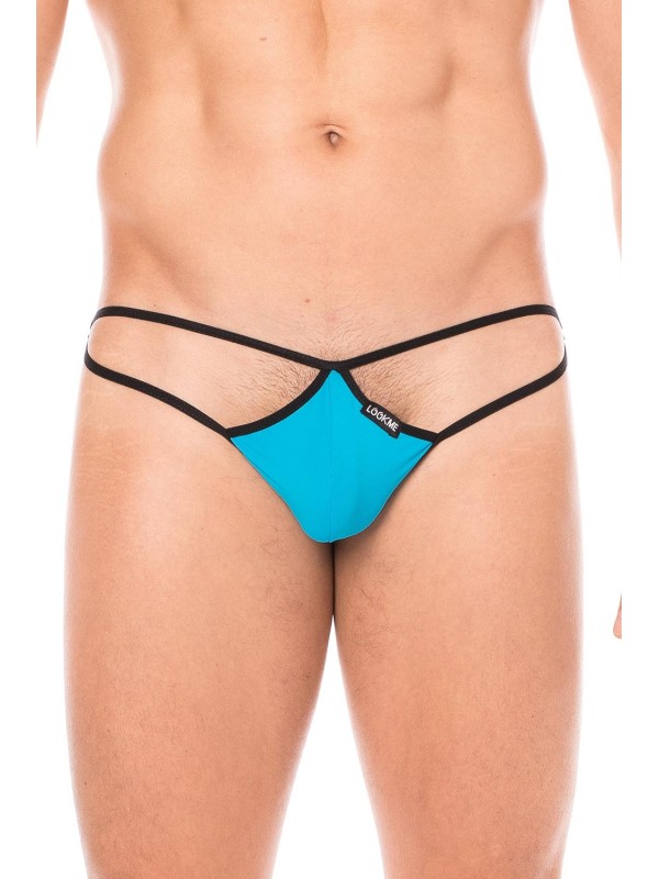 Fournisseur dropshipping Mini string bleu pour homme en forme de goutte avec sur les côtés des ficelles de maintien.