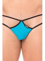 Fournisseur dropshipping Mini string bleu pour homme en forme de goutte avec sur les côtés des ficelles de maintien.