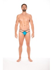 Fournisseur dropshipping Mini string bleu pour homme en forme de goutte avec sur les côtés des ficelles de maintien.