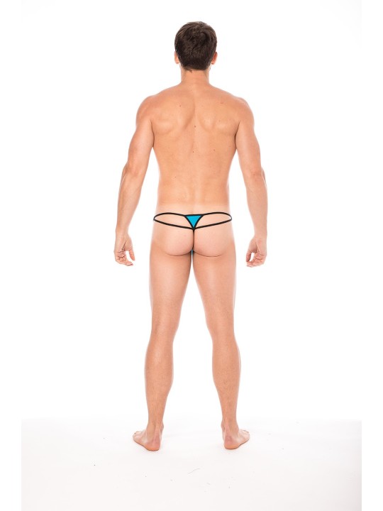 Fournisseur dropshipping Mini string bleu pour homme en forme de goutte avec sur les côtés des ficelles de maintien.