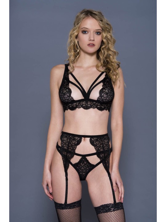 Ensemble 3 pièces en dentelle noire de votre grossiste Music leg en dropshipping , lingerie sexy.