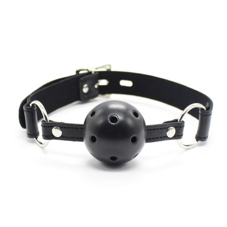 Baillon simili cuir noir avec boule à trous rigide pour vos soirées bondage de votre distributeur Dreamy Fetish.