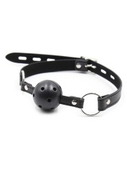 Baillon simili cuir noir avec boule à trous rigide pour vos soirées bondage de votre distributeur Dreamy Fetish.