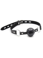 Baillon simili cuir noir avec boule à trous rigide pour vos soirées bondage de votre distributeur Dreamy Fetish.