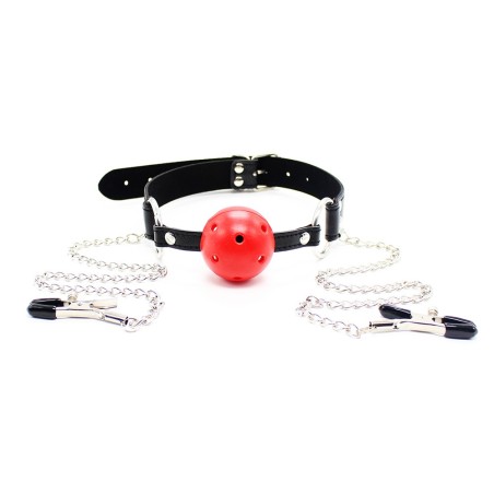 baillon avec boule à trous et 2 chaines avec pinces tétons de la marque Dreamy Fetish, accessoires Bdsm