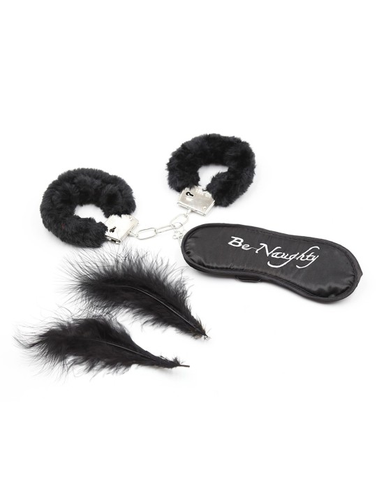 Ensemble de 4 pièces pour soirée bondage coquine avec menottes, masque et plumes de la marque Dreamy Fetish.