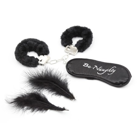 Ensemble de 4 pièces pour soirée bondage coquine avec menottes, masque et plumes de la marque Dreamy Fetish.