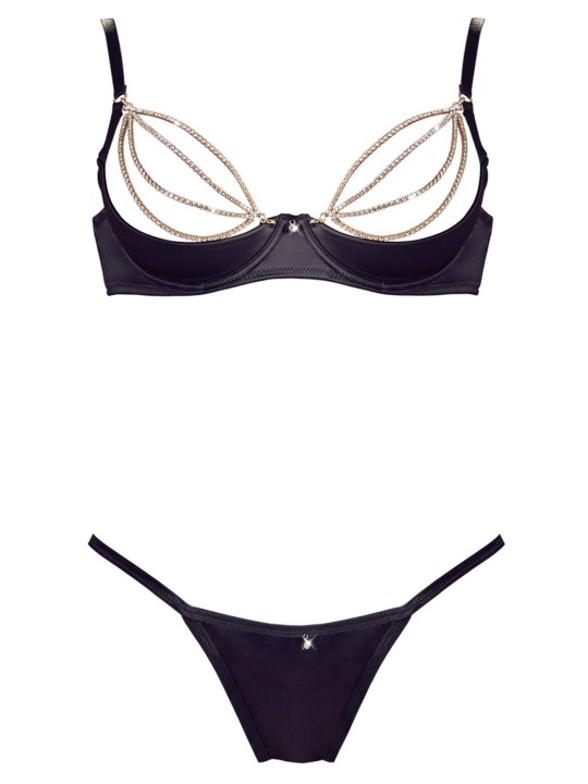 Soutien-gorge demi seins sexy en satin et chainette de strass avec son string en chainette de COTTELLI