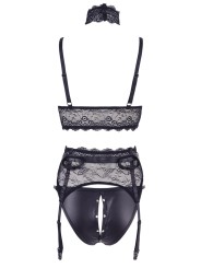 Distributeur ensemble 3 pièces BDSM avec son soutien-gorge, porte jarretelles et culotte ouverte.