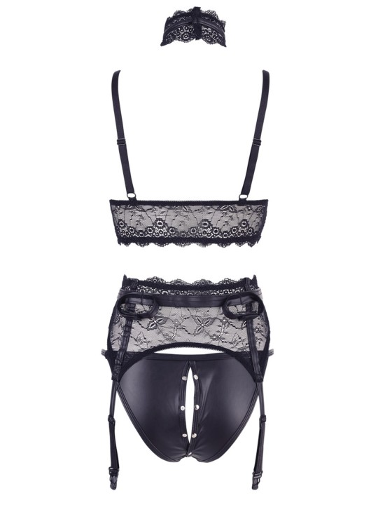 Distributeur ensemble 3 pièces BDSM avec son soutien-gorge, porte jarretelles et culotte ouverte.