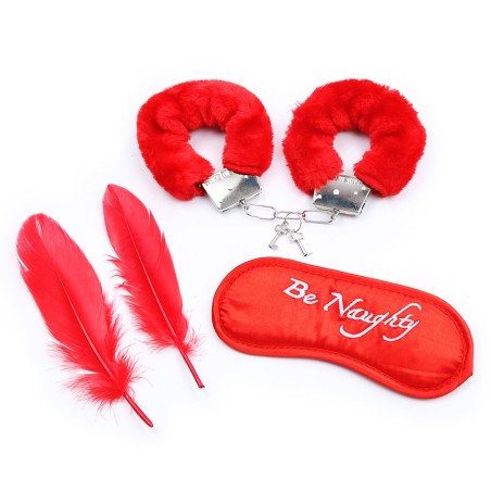 Ensemble de 4 pièces rouge pour soirée bondage coquine avec menottes, masque et plumes de la marque Dreamy Fetish.