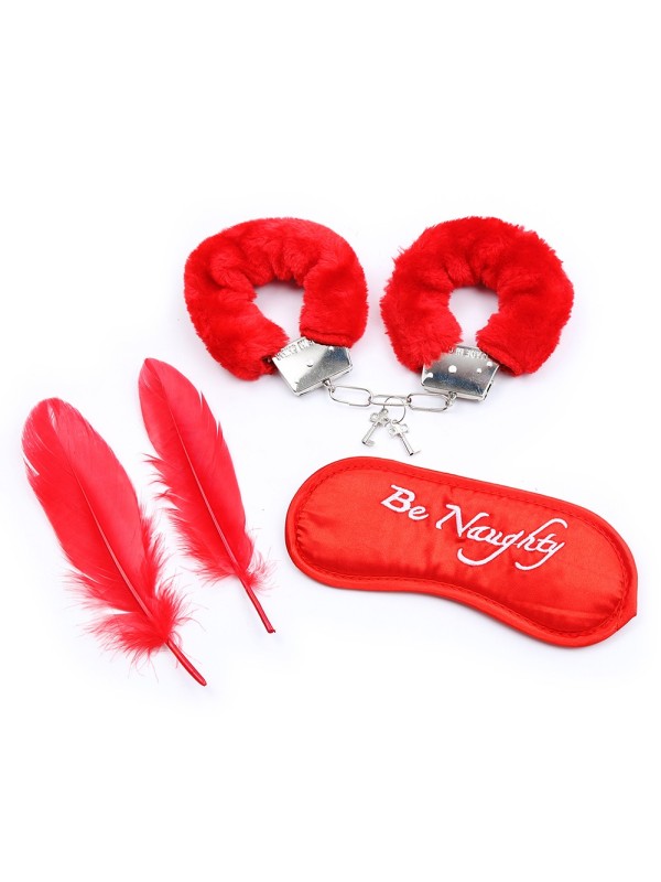 Ensemble de 4 pièces rouge pour soirée bondage coquine avec menottes, masque et plumes de la marque Dreamy Fetish.