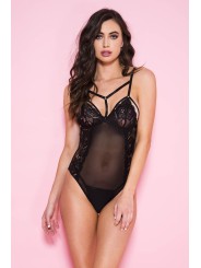 Body noir en dentelle et fine résille avec bretelles réglables en dropshipping de Music Leg.