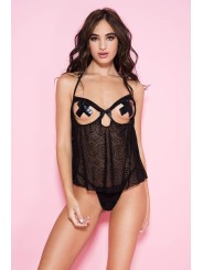 nuisette noire en fine résille avec seins nus de la marque Music Leg avec string assorti