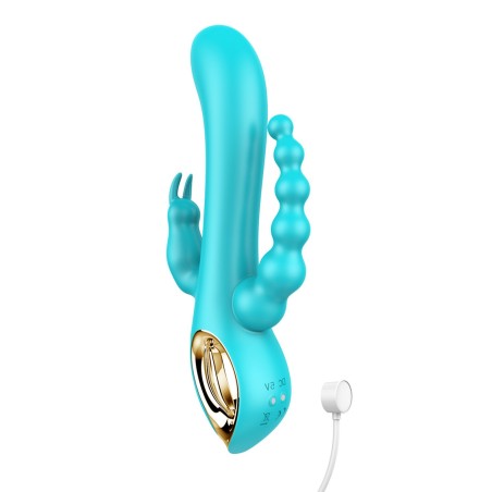 Vibromasseur 3 têtes rabbit bleu avec chapelet anal vibrant intégré de chez Dreamy Toys