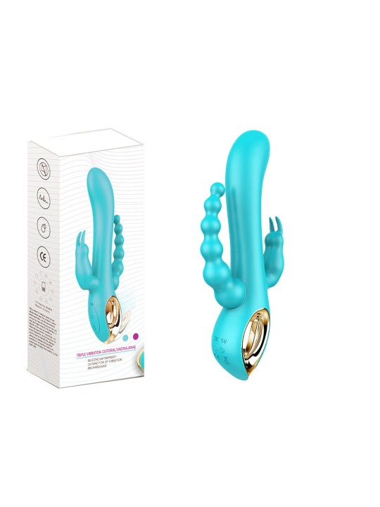 Vibromasseur 3 têtes rabbit bleu avec chapelet anal vibrant intégré de chez Dreamy Toys