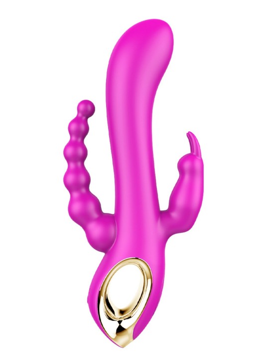 Vibromasseur 3 têtes rabbit rose avec chapelet anal vibrant intégré de chez Dreamy Toys