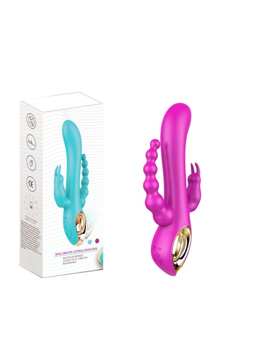 Vibromasseur 3 têtes rabbit rose avec chapelet anal vibrant intégré de chez Dreamy Toys