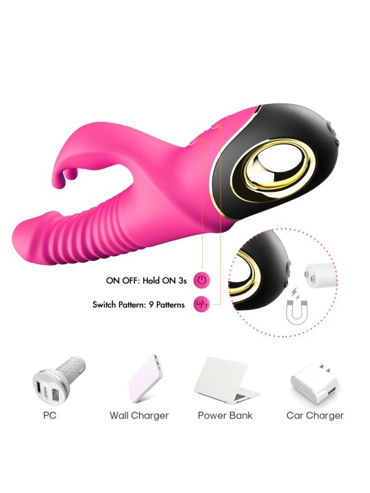 Vibromasseur Zing Rabbit avec va et vient et rotation, de couleur rose, rechargeable USB