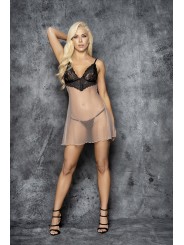 Babydoll en fine résille noire avec dentelle noire sur la poitrine de la marque Mapalé lingerie.