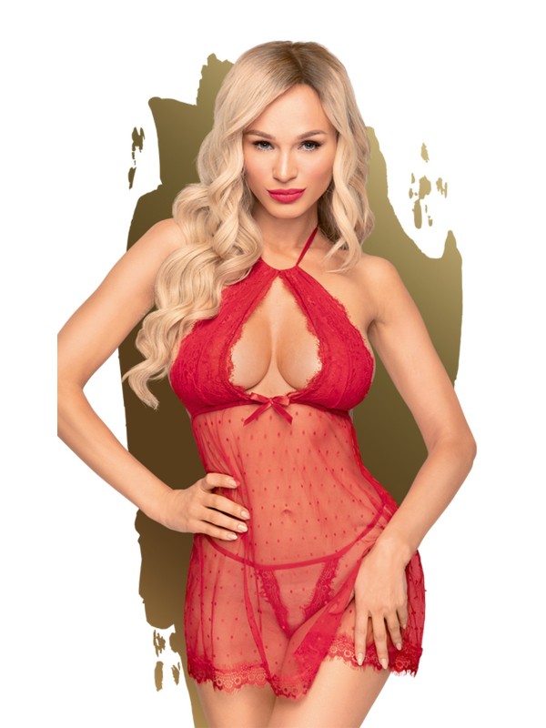 babydoll rouge penthouse avec dentelle noire et résille transparente avec string inclus