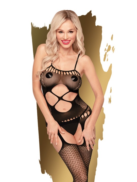 Bodystocking en filet noire dans un style Body ouvert avec porte jarretelles et bas.