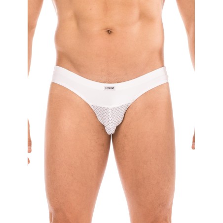 String blanc de la marque LOOKME sous-vêtement pour homme avec large ceinture et formes géométrique.