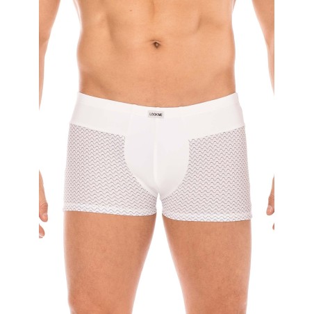 Boxer blanc de la marque LOOKME sous-vêtement pour homme avec large ceinture et formes géométrique.