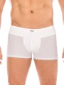 Boxer blanc de la marque LOOKME sous-vêtement pour homme avec large ceinture et formes géométrique.