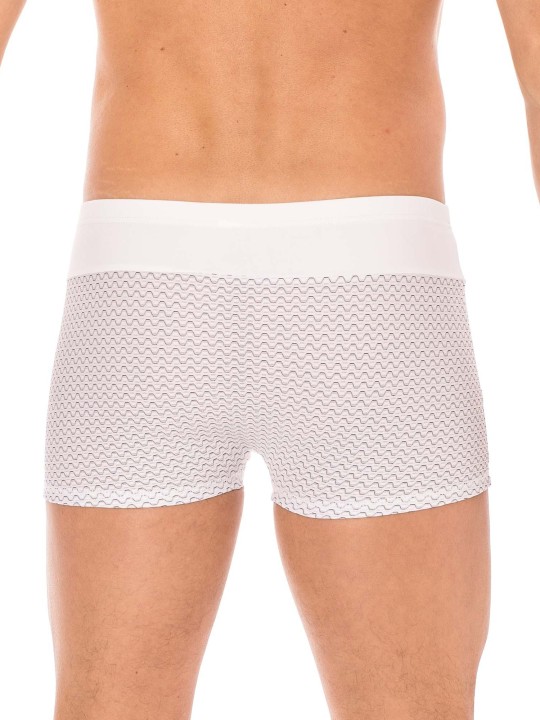 Boxer blanc de la marque LOOKME sous-vêtement pour homme avec large ceinture et formes géométrique.