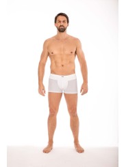 Boxer blanc de la marque LOOKME sous-vêtement pour homme avec large ceinture et formes géométrique.