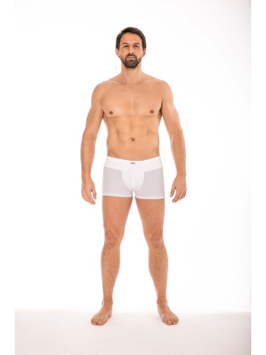 Boxer blanc de la marque LOOKME sous-vêtement pour homme avec large ceinture et formes géométrique.