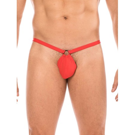 Mini String rouge pour Homme avec sa poche "banane' pour une tenue droite de votre pénis distribué par la marque LOOK ME.