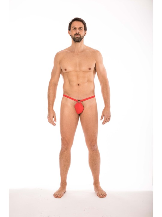 Mini String rouge pour Homme avec sa poche "banane' pour une tenue droite de votre pénis distribué par la marque LOOK ME.